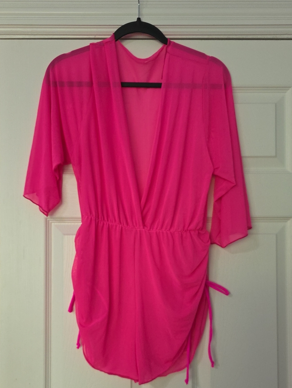 Sheer Hot Pink V-Neck Swim Coverup with Tie Detail